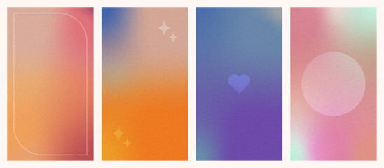 Grainy gradient background for stories with soft noise,frame,stars,heart and circle.Modern trendy minimalist elegant social media story template set.Vector illustrarion