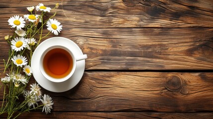 Cup of tea with flowers on wooden table, top view. Green black herbal tea