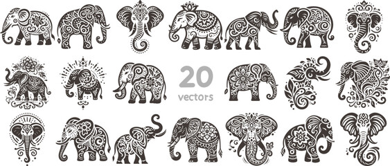 abstract elephant simple vector monochrome drawing on white background collection of images