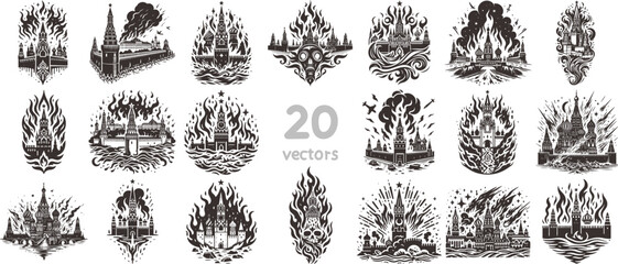 fire in the city simple vector monochrome drawing on a white background collection of images - obrazy, fototapety, plakaty