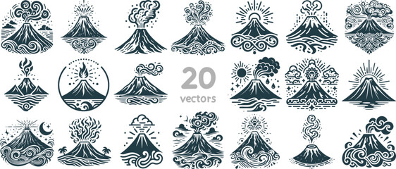 volcanic eruption simple vector monochrome drawing on white background collection of images - obrazy, fototapety, plakaty