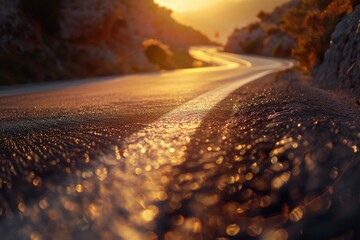 A picture of a wet road with a beautiful sunset in the background. Perfect for capturing the serene beauty of nature.