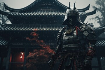 A powerful samurai stands in the rain in front of a traditional building. Ideal for historical, martial arts, or Japanese-themed projects