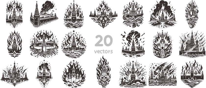 fire in the city simple vector monochrome drawing on a white background collection of images