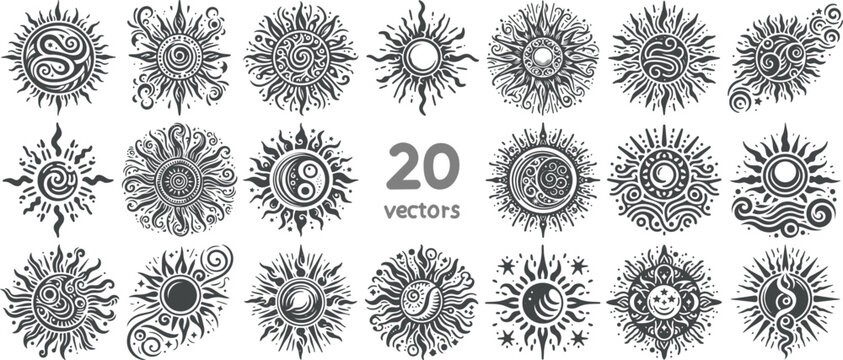 abstract sun symbol simple vector monochrome drawing on white background collection of images