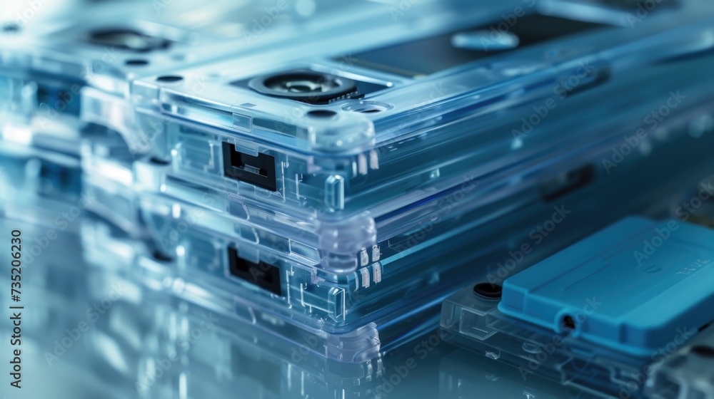 Poster clear plastic cases neatly stacked on a table. versatile image suitable for various applications