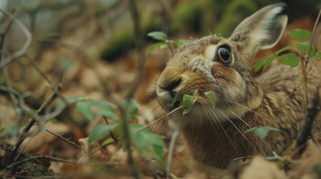 A rabbit is seen munching on a leaf in the peaceful woods. This image can be used to depict nature, wildlife, or the concept of foraging for food in a serene environment