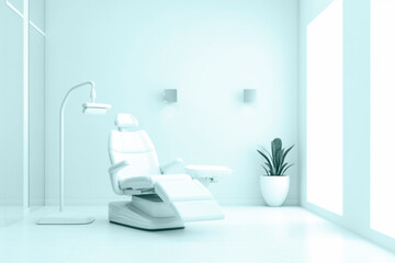 A minimalist dental office with a white dental chair, a plant in the corner, under a calming blue light.