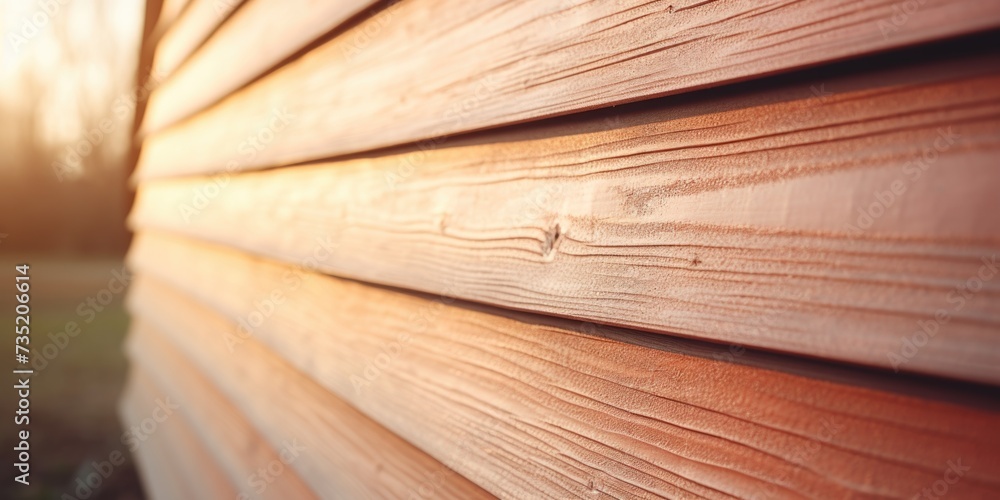 Aufkleber A close-up view of a wooden wall with a beautiful sunset in the background. Perfect for adding a rustic touch to any design or project