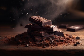 dark chocolate bar, chocolate flakes and powder on a hard wooden surface - obrazy, fototapety, plakaty