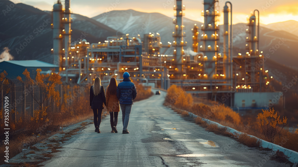 Poster engineer in uniform working and check outside factory of large oil pipeline and gas pipeline in the 