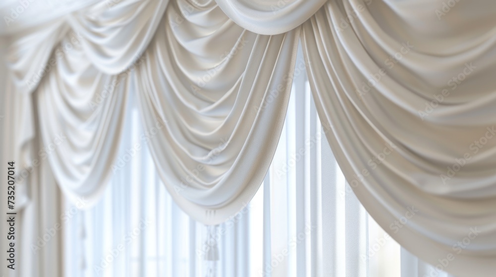 Poster A white curtain hanging from the side of a window. Can be used to add a touch of elegance to any interior design project
