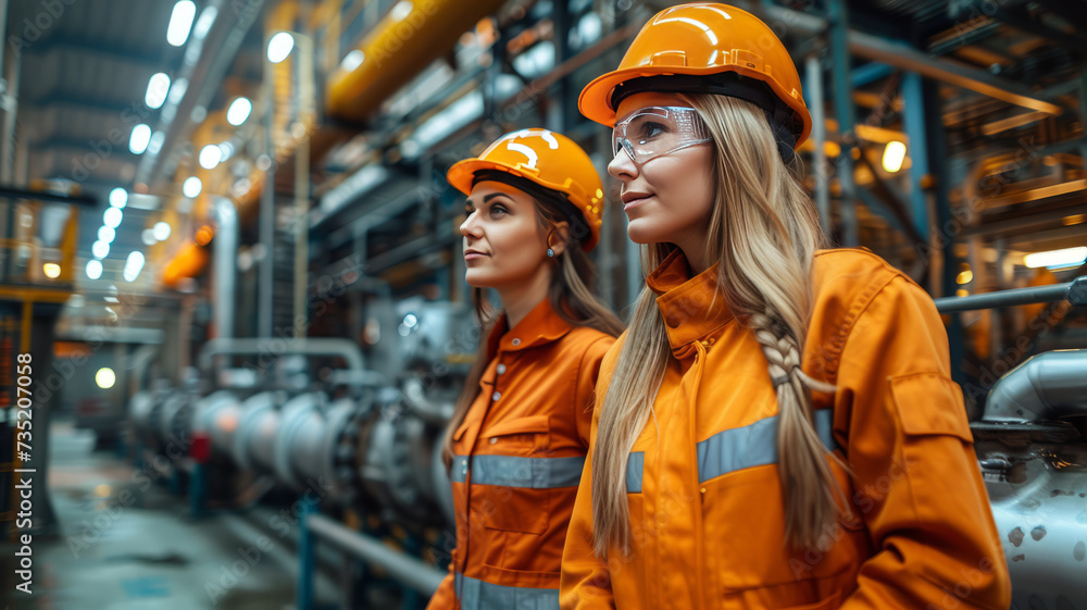 Poster engineer in uniform working and check outside factory of large oil pipeline and gas pipeline in the 