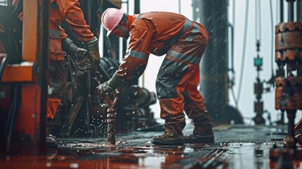 Two men in orange work on a machine. Suitable for industrial and manufacturing concepts