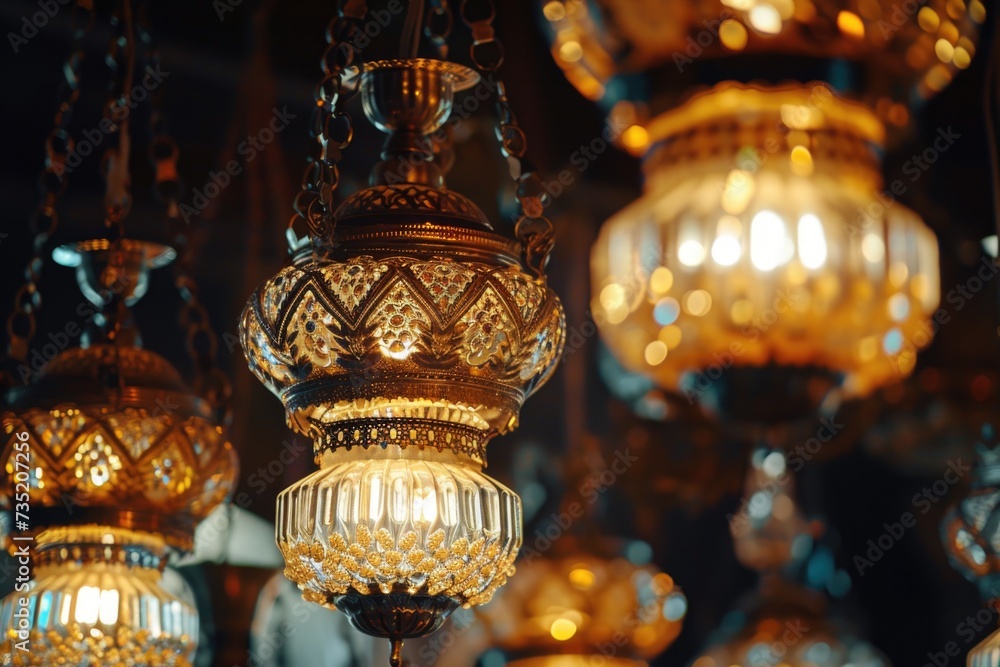 Poster A captivating image of a bunch of lights hanging from a ceiling. Perfect for adding a warm and inviting atmosphere to any modern interior