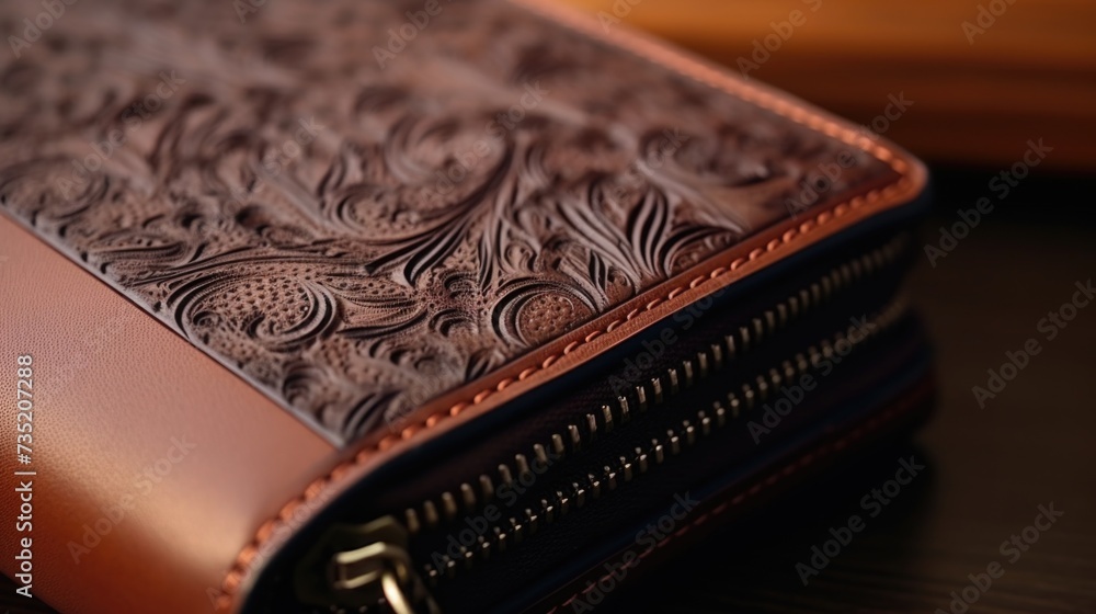 Aufkleber A wallet with a zipper closure is placed on a table. Versatile image for showcasing personal finance, security, or organizing concepts
