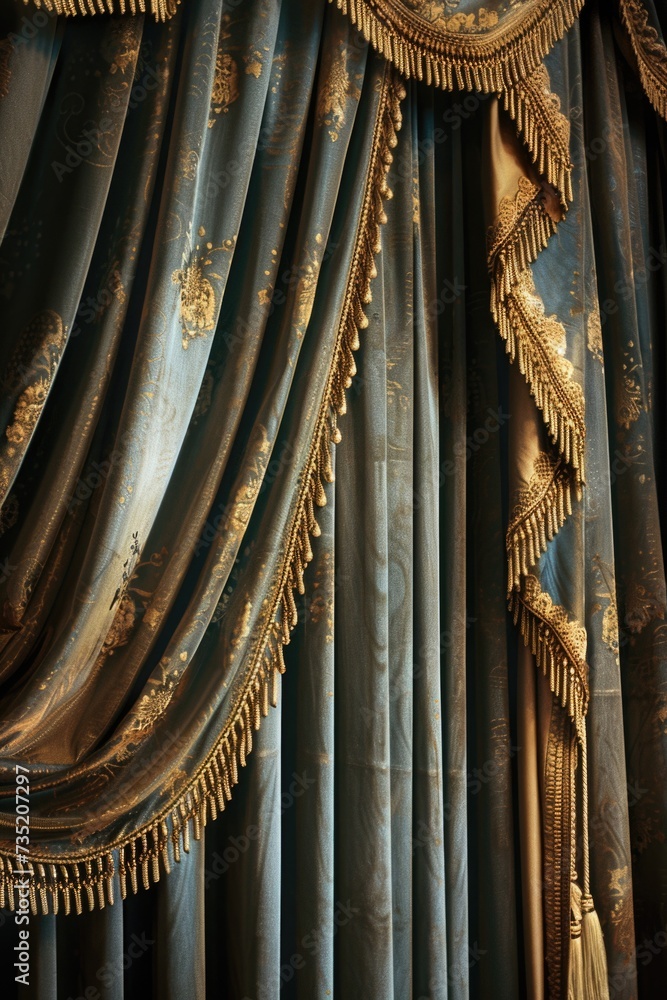 Poster A close up view of a curtain with decorative tassels. This image can be used to add a touch of elegance to interior design projects or to create a cozy atmosphere in home decor advertisements