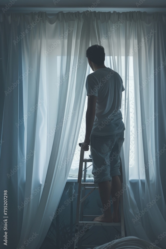Poster a man stands on a ladder in front of a window. this image can be used to depict home maintenance, wi