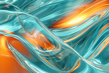 Abstract transparent background with liquid glass texture. Modern wavy elegant backdrop in turquoise and orange colors