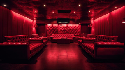 Empty of VIP room in a night elite club in red tones, luxurious