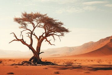 A lone tree stands in the middle of a barren desert, creating a stark and isolated scene. This image can be used to depict themes of solitude, survival, and the harshness of the desert environment