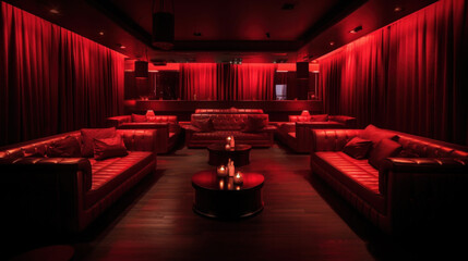 Empty of VIP room in a night elite club in red tones, luxurious