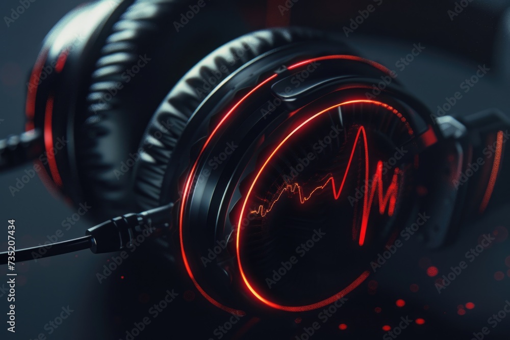 Poster headphones placed on a table, suitable for various audio and music-related concepts