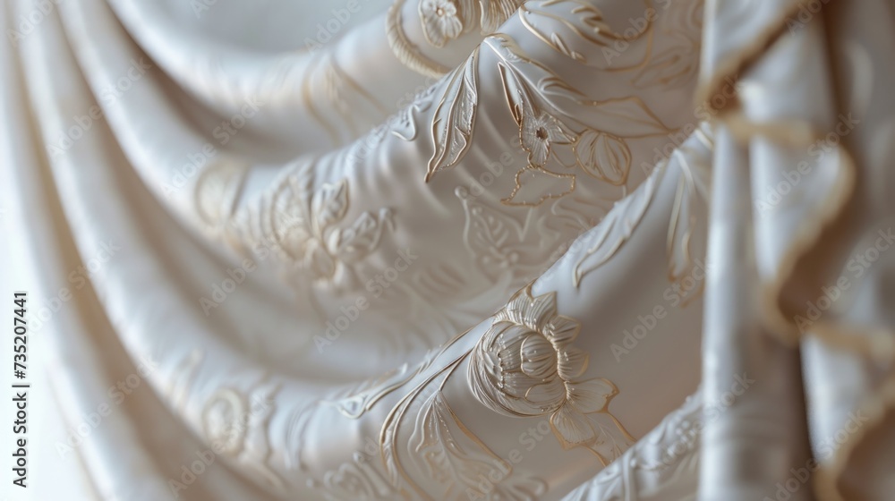Poster A close-up view of a white curtain featuring a delicate flower design. This image can be used to add a touch of elegance and beauty to various projects
