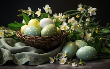 easter eggs in a basket and flowers on the table