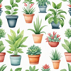 Obraz premium 6 whimsical cartoon-style illustrations of potted plants in watercolor, ready for use on any background.
