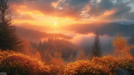 Obraz premium Serene sunrise over a misty mountain valley, the early light casting a golden glow on the dew-covered foliage. Generative AI.