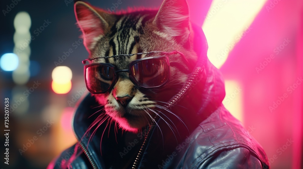 Aufkleber A picture of a cat looking cool in sunglasses and a leather jacket. Perfect for adding a touch of style and attitude to any project