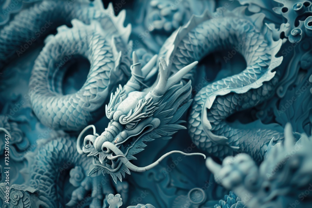 Poster a close up view of a dragon statue. this image can be used for various purposes
