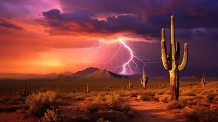 Meubelstickers view of sunset and lightning in the desert © kucret