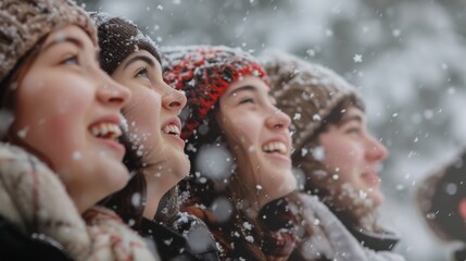 Fototapeta premium A group of stylish women, their faces adorned with hats, stand in the snowy landscape, braving the winter weather together