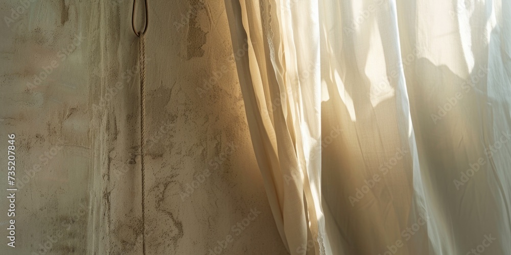 Poster a cat sitting on a window sill in front of a curtain. suitable for home decor or pet-related content