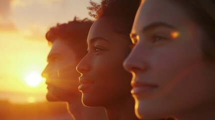 A mesmerizing amber glow illuminates the faces of a diverse group, captured in a stunning sunset portrait, as they gaze towards the horizon with a sense of wonder and anticipation
