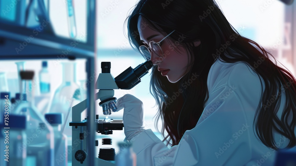 Poster a woman wearing a lab coat is focused as she looks through a microscope. this image can be used to d