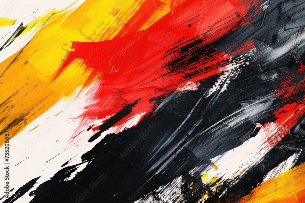 Poster a close up view of a painting with vibrant red, yellow, and black paint. this image can be used for 