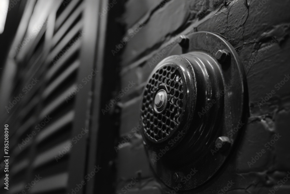 Poster a black and white photo of a door handle. suitable for architectural and design projects