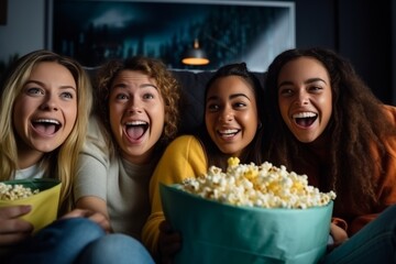 Fototapeta premium friends watching movies at home on the couch