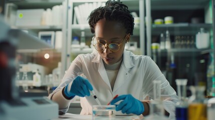 A dedicated scientist in a crisp lab coat carefully pipettes chemical solutions in a modern research institute, driven by a passion for healthcare and medical advancement