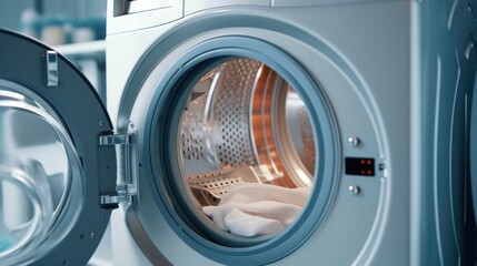 A close-up view of a washing machine with the door open. This image can be used to depict household chores or laundry-related themes