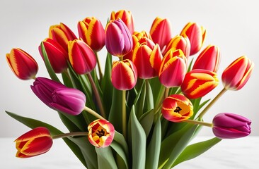 Tulip, tulips bouquet on white background. Present for March 8, International Women's Day. Holiday decor with flowers. Bouquet with tulips. Holiday floral decor. Spring tulips, bouquet