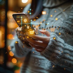 A customer shopping and playing social media on mobile phone