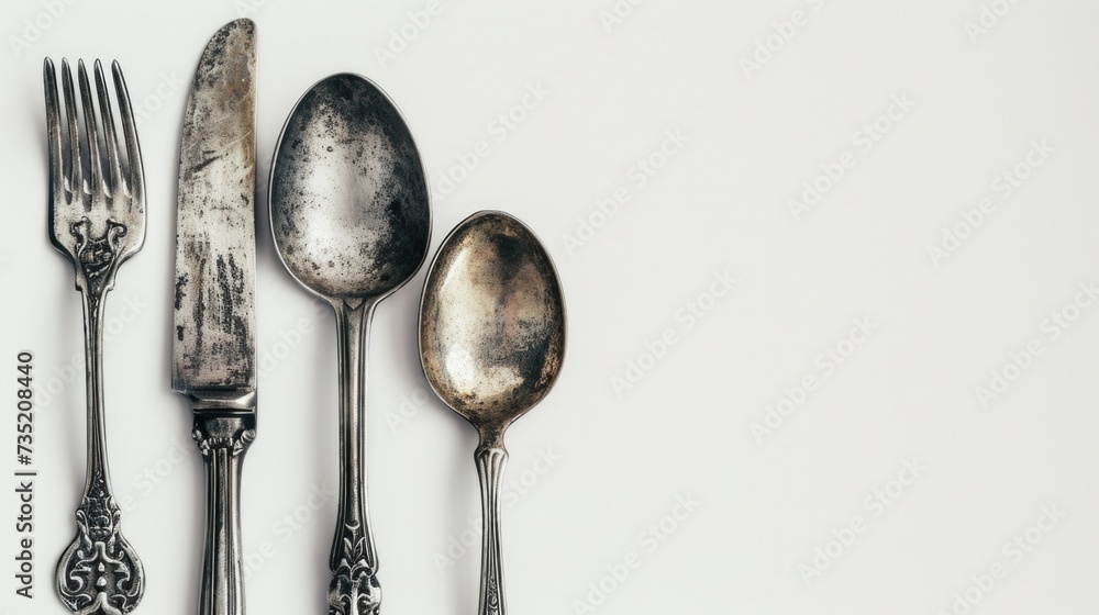 Poster a group of silverware sitting on top of a white table. suitable for various dining and culinary them