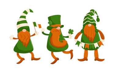 Set of gnomes, leprechauns. Happy St. Patricks Day. Cartoon characters in caps, a top hat, with a garland, the flag of Ireland, dance and run. Four leaf clover. good luck. Magic, religious traditions