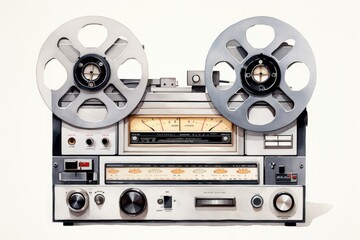 A compact and sleek silver and black tape recorder with two reels on top. Perfect for capturing and playing back audio recordings. Ideal for music production, podcasting, and vintage-themed projects