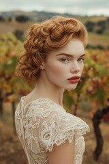 Retro beauty with elegant braided hairstyle in a vineyard at dusk