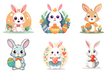set of easter rabbits with easter eggs  vector illustration isolated transparent background logo, cut out or cutout t-shirt design

